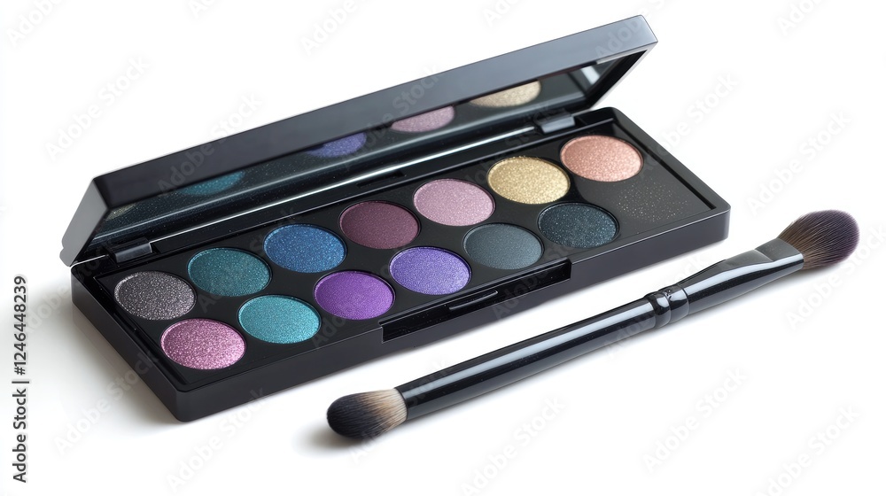 Open eyeshadow palette with vibrant colors and a makeup brush resting beside it. Open eyeshadow palette with vibrant colors and a makeup brush resting beside it.