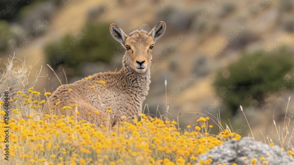 Young mountain goat resting among vibrant yellow wildflowers in a serene natural landscape Young mountain goat resting among vibrant yellow wildflowers in a serene natural landscape