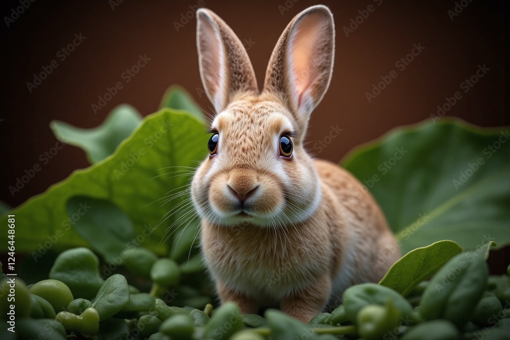 rabbit on lush green foliage low angle view brown white fur rabbit on lush green foliage low angle view brown white fur
