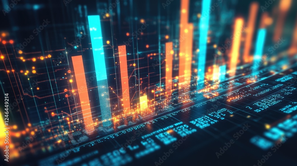 Rising bar chart with glowing arrows representing financial growth and corporate success. Rising bar chart with glowing arrows representing financial growth and corporate success.