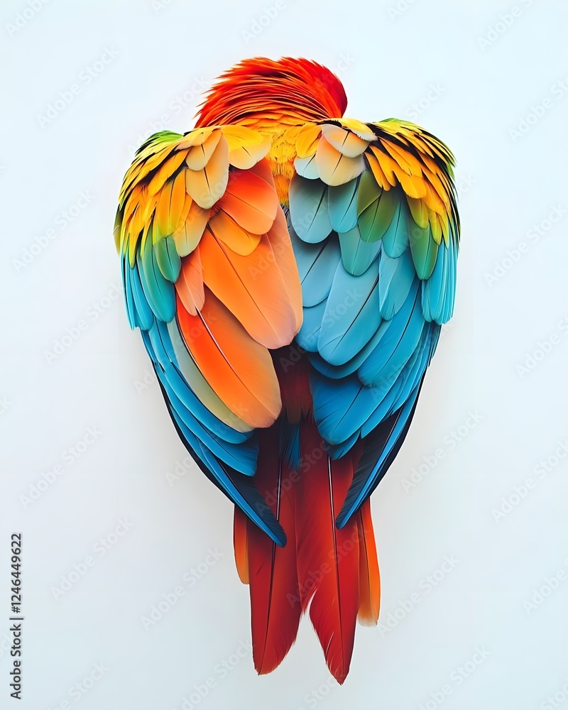 Fototapeta premium Vibrant, colorful parrot feathers arranged artistically against a plain background, showcasing nature's beauty