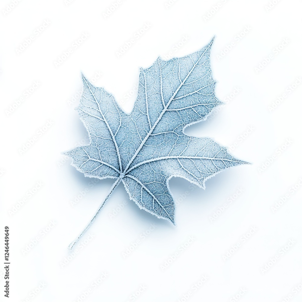 Fototapeta premium Frosted Leaf Detail, intricate ice patterns, winter chill, delicate textures, serene blue hues, isolated elegance on white