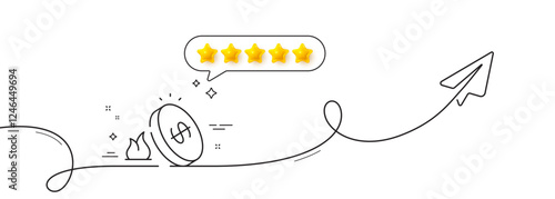 Gas price line icon. Continuous line with share plane. Fuel tax sign. LPG rate symbol. Five star rate review in speech bubble. Gas price single line ribbon. Loop curve pattern. Vector