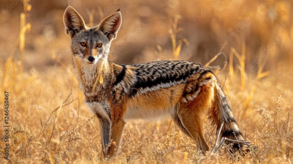 Fototapeta premium A striking jackal stands alert in golden grasslands during sunset, showcasing its beauty