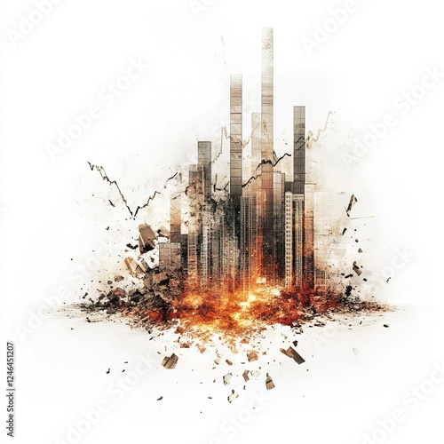 Conceptual representation of stock market crash, fragmented charts and numbers, abstract art on white background, evoking financial turmoil and uncertainty photo