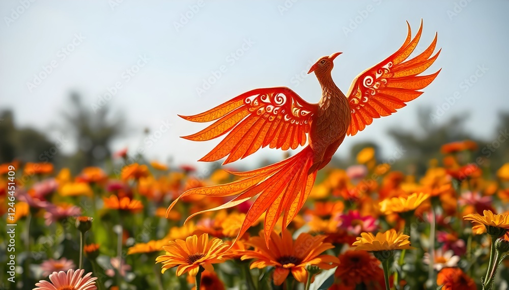 Obraz premium The Fiery Phoenix Takes Flight Over a Blooming Meadow