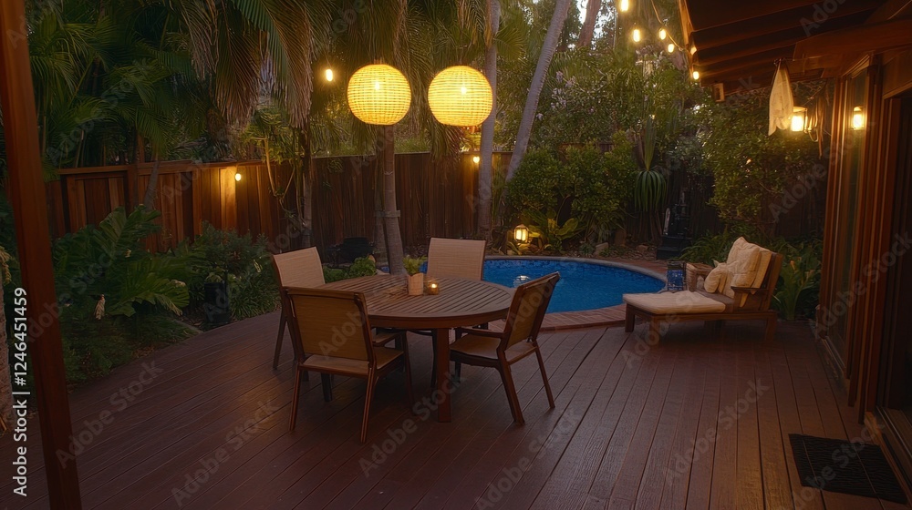 Tranquil Backyard Oasis Evening Poolside Dining Tranquil Backyard Oasis Evening Poolside Dining