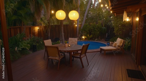 Tranquil Backyard Oasis Evening Poolside Dining