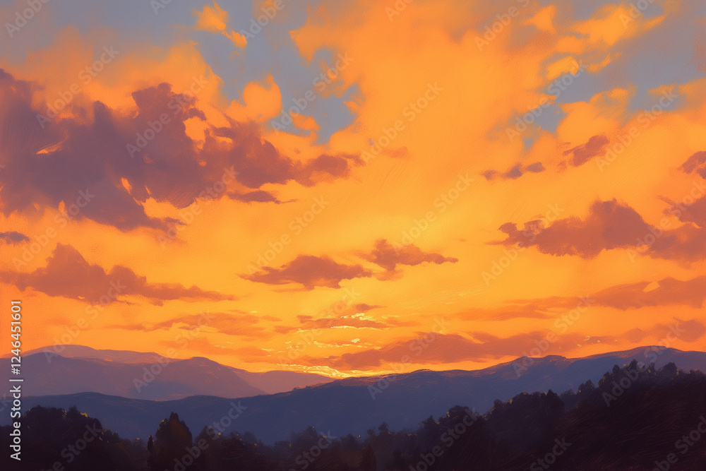 Obraz premium 夕焼け空、夕日、草原、油彩風イラスト