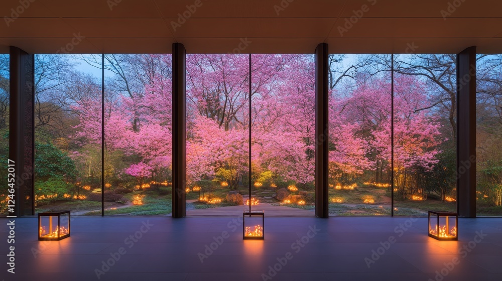 Naklejka premium Tranquil Cherry Blossom Garden View from Modern Room