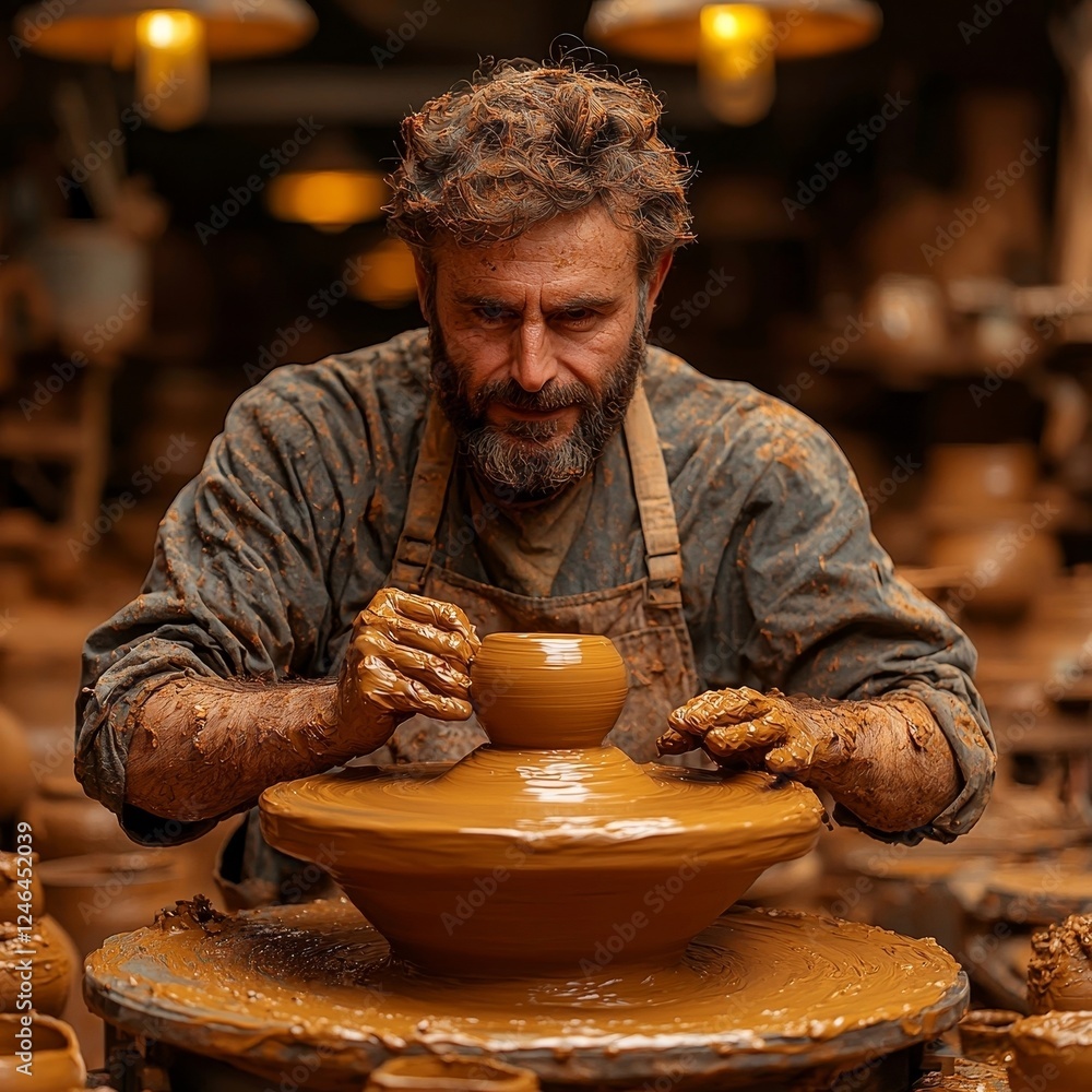 Skilled Potter Handcrafting Ceramic Pieces on a Spinning Wheel in Earthy Toned Studio Skilled Potter Handcrafting Ceramic Pieces on a Spinning Wheel in Earthy Toned Studio