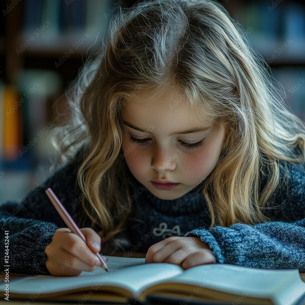 Focused Female Student Studying in Cozy Library Setting with Blonde Hair and Glasses Focused Female Student Studying in Cozy Library Setting with Blonde Hair and Glasses
