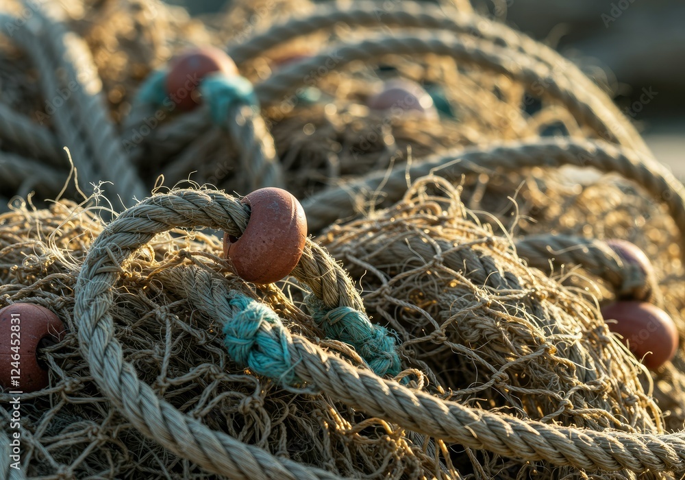 closeup of old fishing ropes and nets under the sunlight closeup of old fishing ropes and nets under the sunlight