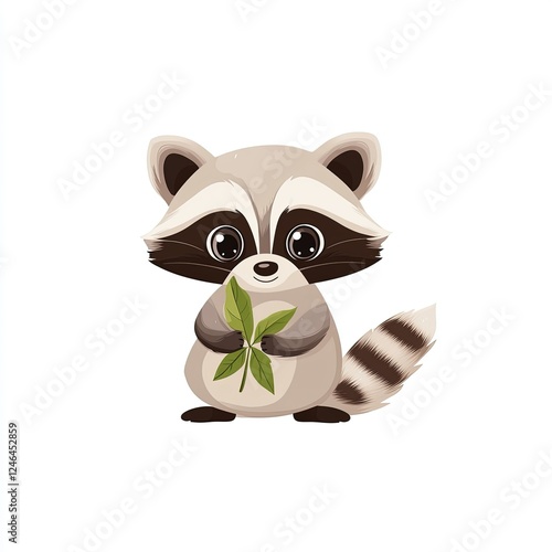 Curious raccoon with a leaf, charming woodland creature illustration, playful pastel colors, whimsical style, isolated on white photo