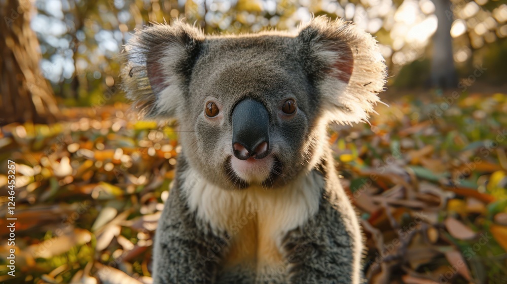Obraz premium Close-up of a curious koala in a natural setting surrounded by autumn leaves and trees