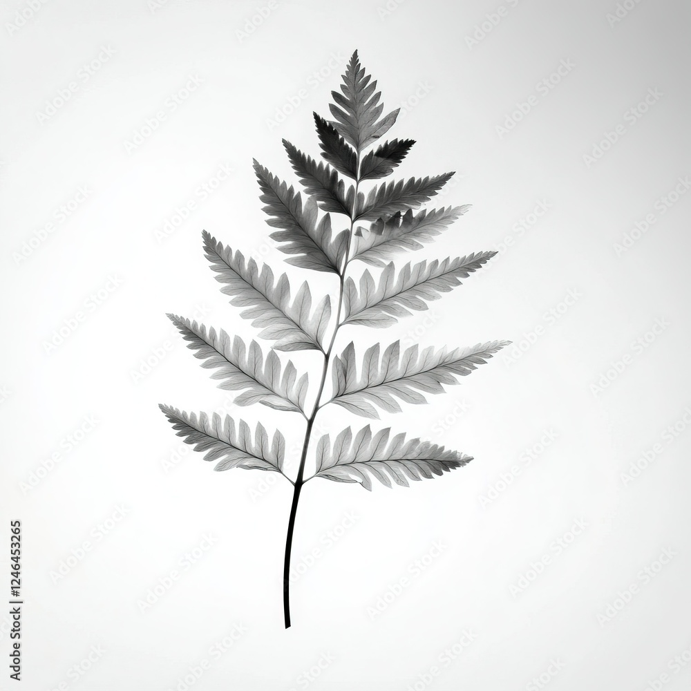 Naklejka premium Delicate Fern Leaf Sketch, intricate pencil rendering, soft grayscale tones, elegant nature element, isolated on pure white background