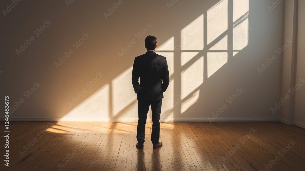 Fototapeta premium Man standing in minimalist room with sunlight streaming in