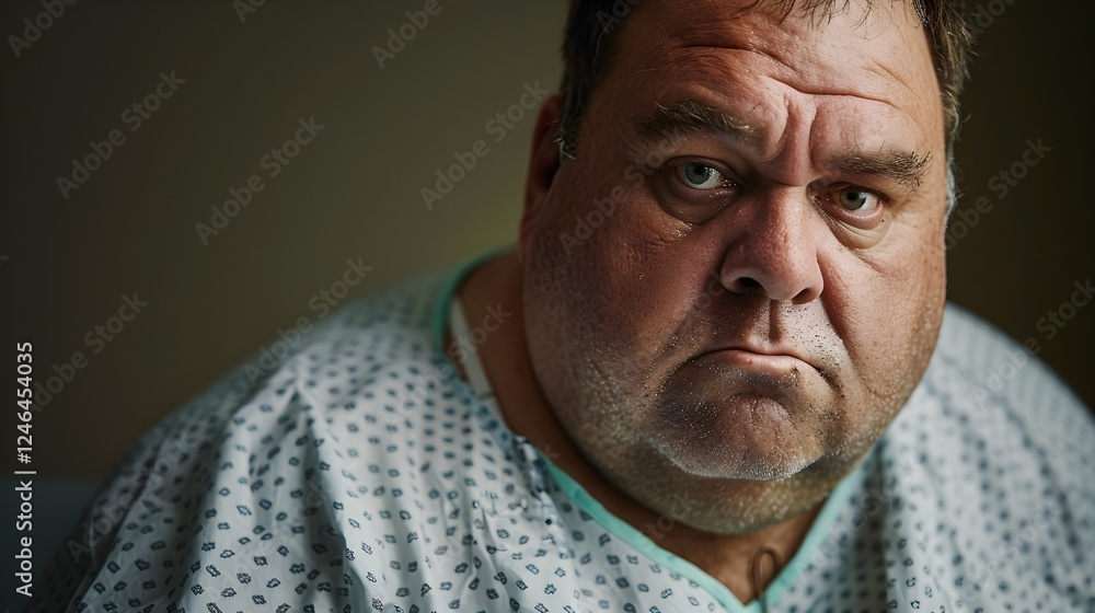 Fototapeta premium Unmasking the Struggle A Closeup Portrait of a Man Battling Severe Obesity