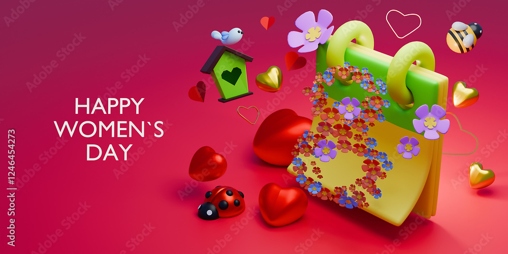 Naklejka premium Women's Day background with 3d 8 number, hearts and elegant ribbon. 3d render.