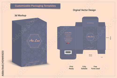 Perfume Packaging design, luxury box design template, Box die line, 3d Box Mockup, and Design elements. Illustration Vector Design Template.