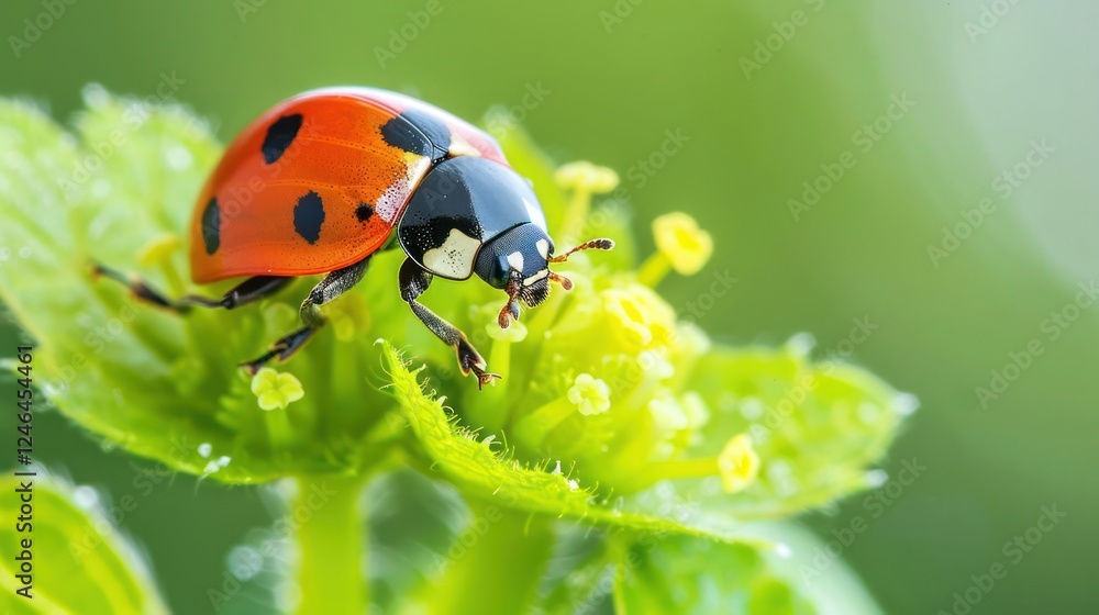 Close-up of a ladybug on vibrant green leaves with delicate yellow flowers in a blurred background Close-up of a ladybug on vibrant green leaves with delicate yellow flowers in a blurred background