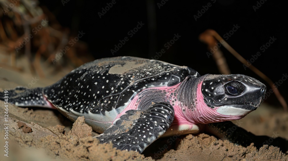 Obraz premium A pink-spotted turtle crawls across sandy terrain under a darkened environment, showcasing nature's beauty