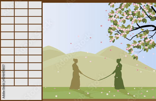 Through the open doors one can see two samurai with swords and a blossoming sakura branch with a tit on it against a spring backdrop of mountains and falling sakura flowers.