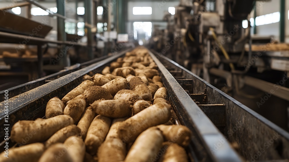 Cassava move along a conveyor belt in a food processing plant industry Cassava move along a conveyor belt in a food processing plant industry