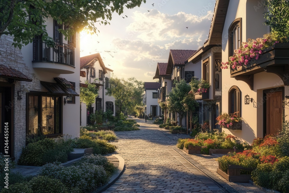 Fototapeta premium medieval european village street with rainbow-colored historic houses, cobblestone path, flowering window boxes, golden hour lighting