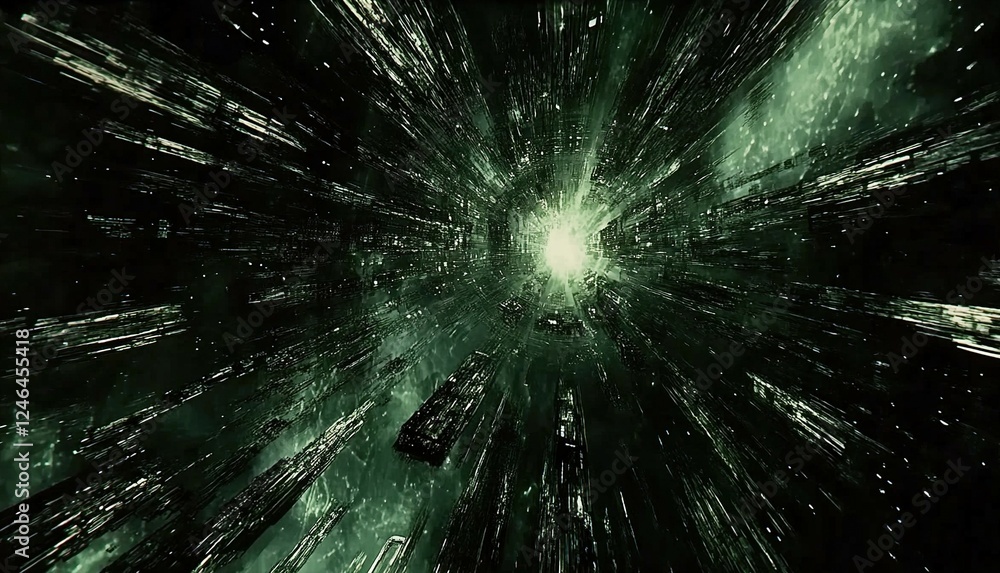 Fototapeta premium Futuristic green city lights streaking through space, ideal for sci-fi projects