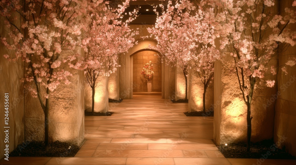 Fototapeta premium Tranquil Pathway with Blossoming Cherry Trees in a Stone Building
