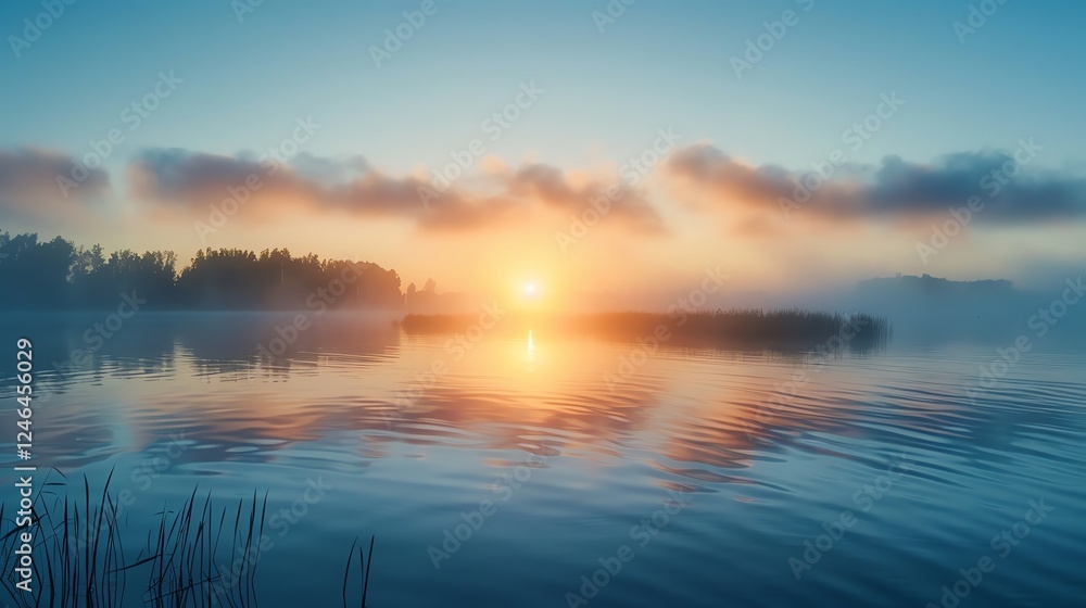 A sunrise over a calm lake with mist rising from the water. A sunrise over a calm lake with mist rising from the water.