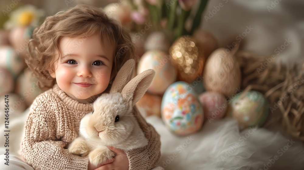 Happy toddler hugging an Easter bunny among decorated eggs Happy toddler hugging an Easter bunny among decorated eggs