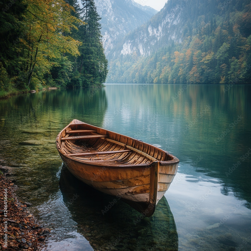Serene Lake Scene with Wooden Rowboat Floating on Calm Waters Surrounded by Lush Forests and Greenery Serene Lake Scene with Wooden Rowboat Floating on Calm Waters Surrounded by Lush Forests and Greenery
