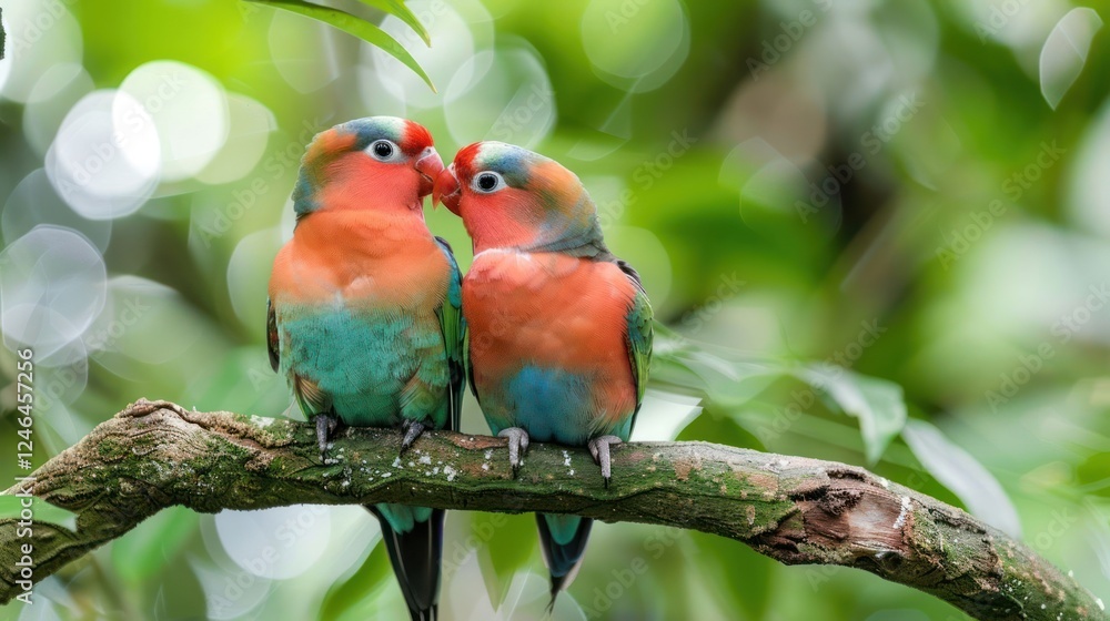 Two colorful birds perched closely together on a branch in a lush green forest setting Two colorful birds perched closely together on a branch in a lush green forest setting