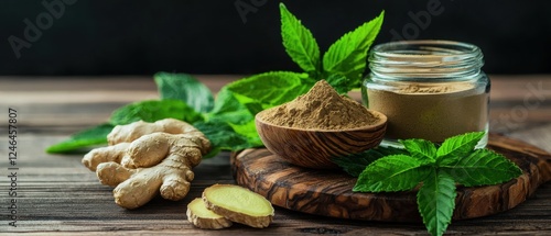 A jar of ground ginger powder, a wooden bowl of ground ginger, and fresh mint leaves are arranged on a wooden table.