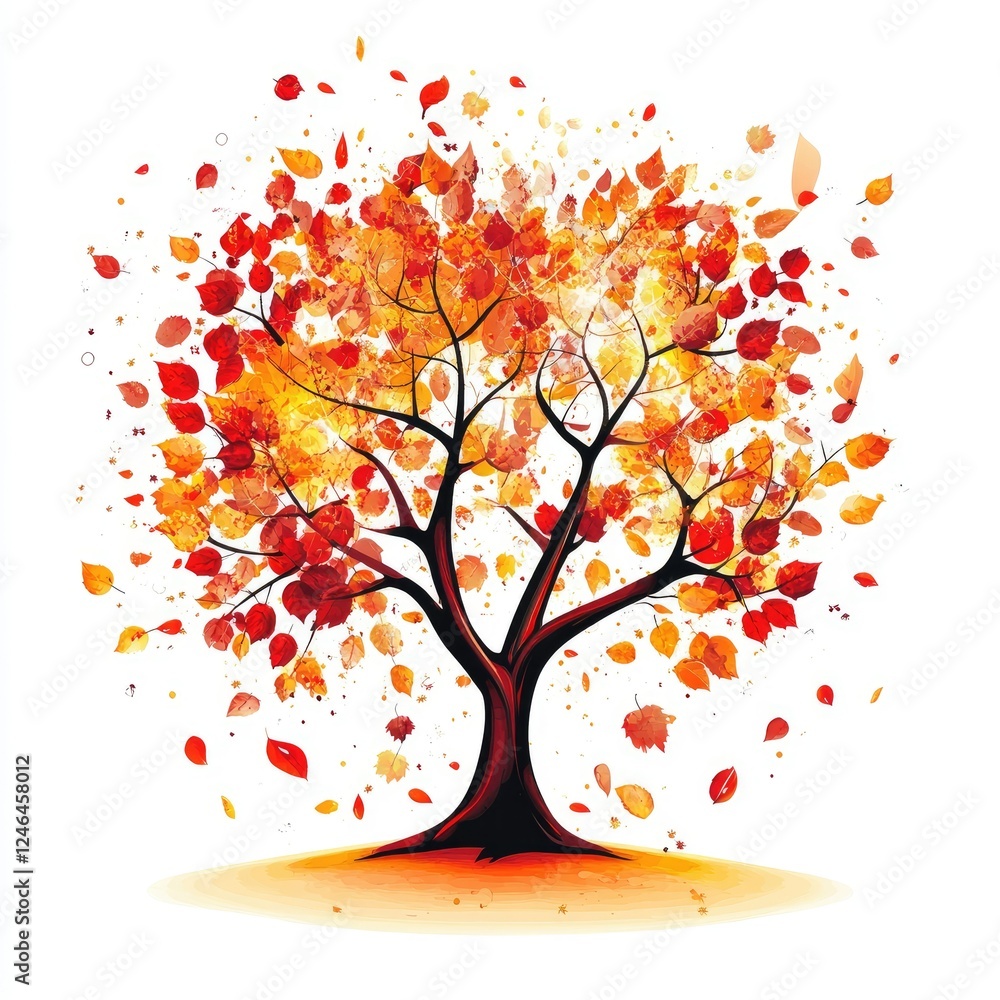 Fototapeta premium A scenic autumn tree with brilliant red and gold leaves, isolated on a crisp white background