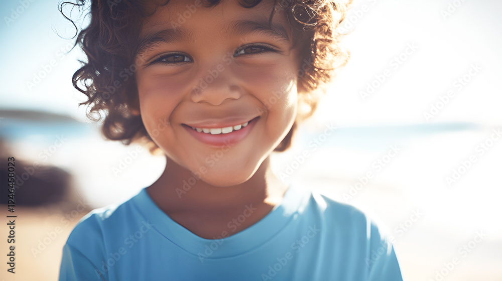Portrait of a cute boy standing on the beach and smiling Portrait of a cute boy standing on the beach and smiling