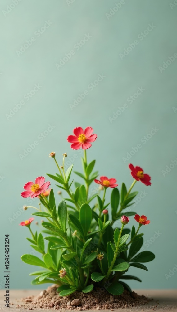 Small shrub-like succulent with bright flowers against a neutral background, foliage, green, evergreen Small shrub-like succulent with bright flowers against a neutral background, foliage, green, evergreen
