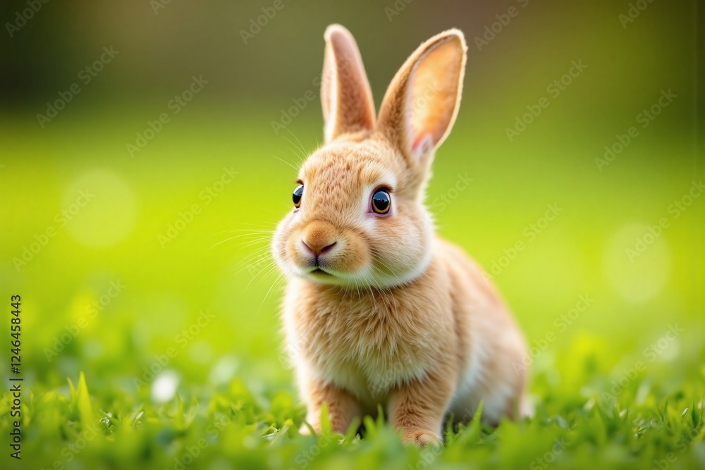 Fototapeta premium young rabbit in lush green meadow sunny day looking at camera