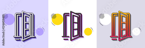 Open door line icon. Halftone dotted pattern. Gradient icon with grain shadow. Entrance doorway sign. Building entry symbol. Line open door icon. Various designs. Vector