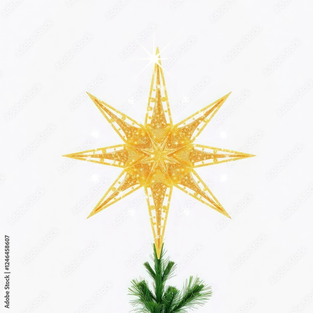 Obraz premium Golden glitter star tree topper, sparkling with festive shine, ideal for decorating Christmas trees and adding a touch of elegance to holiday decor. Isolated on white background.