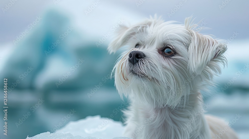 Small white dog gazing curiously at the icy landscape, surrounded by glacial waters and serene nature Small white dog gazing curiously at the icy landscape, surrounded by glacial waters and serene nature