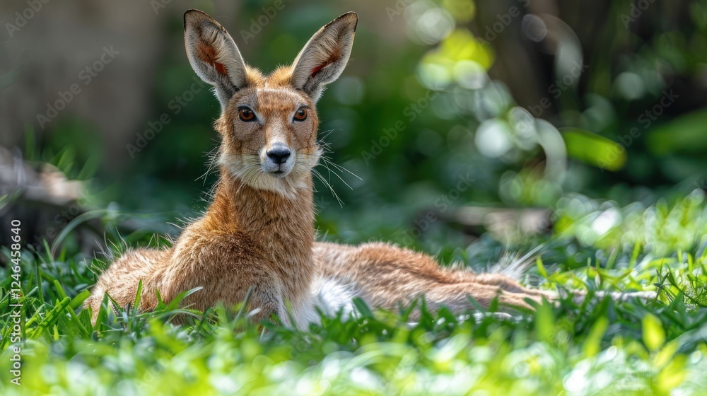 A serene gazelle resting in lush green grass under soft sunlight in a tranquil natural setting A serene gazelle resting in lush green grass under soft sunlight in a tranquil natural setting