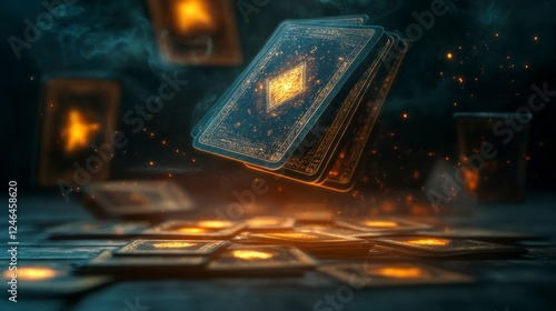 Tarot card shuffle in enigmatic glow mystic chamber high-resolution imagery atmospheric depth dreamy concept