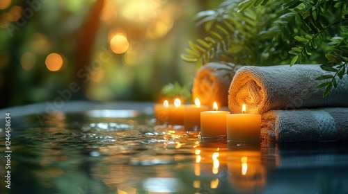 Relaxing spa setting with candles and towels