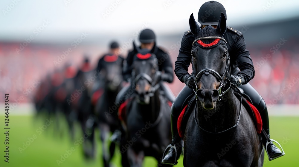 Naklejka premium Black Horses in Formation at Equestrian Event