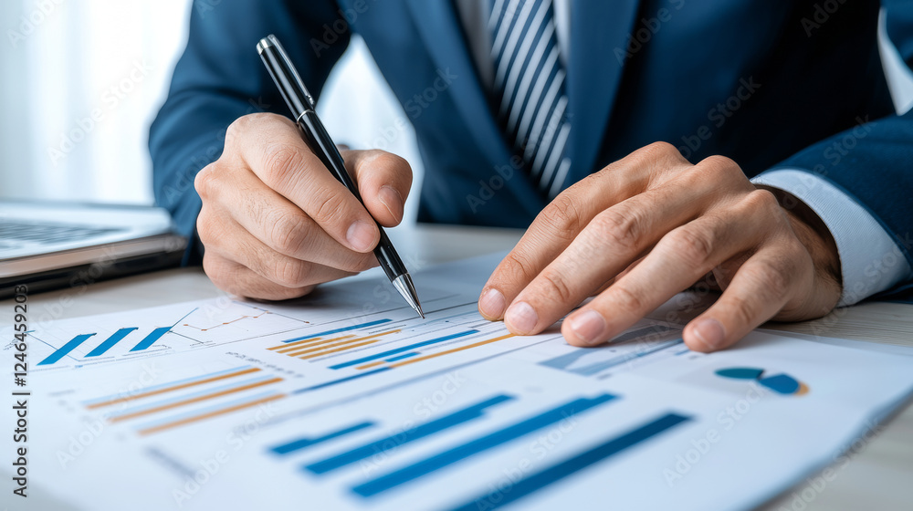 businessman in suit analyzes financial charts and graphs at desk, focusing on data with pen in hand. scene conveys sense of professionalism and attention to detail businessman in suit analyzes financial charts and graphs at desk, focusing on data with pen in hand. scene conveys sense of professionalism and attention to detail
