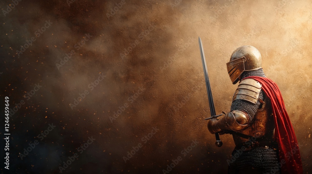 Fototapeta premium Knight in Armor with Sword Against Smoke Background