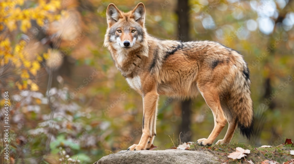 A majestic coyote stands on a rock amidst vibrant autumn foliage in a serene forest setting A majestic coyote stands on a rock amidst vibrant autumn foliage in a serene forest setting